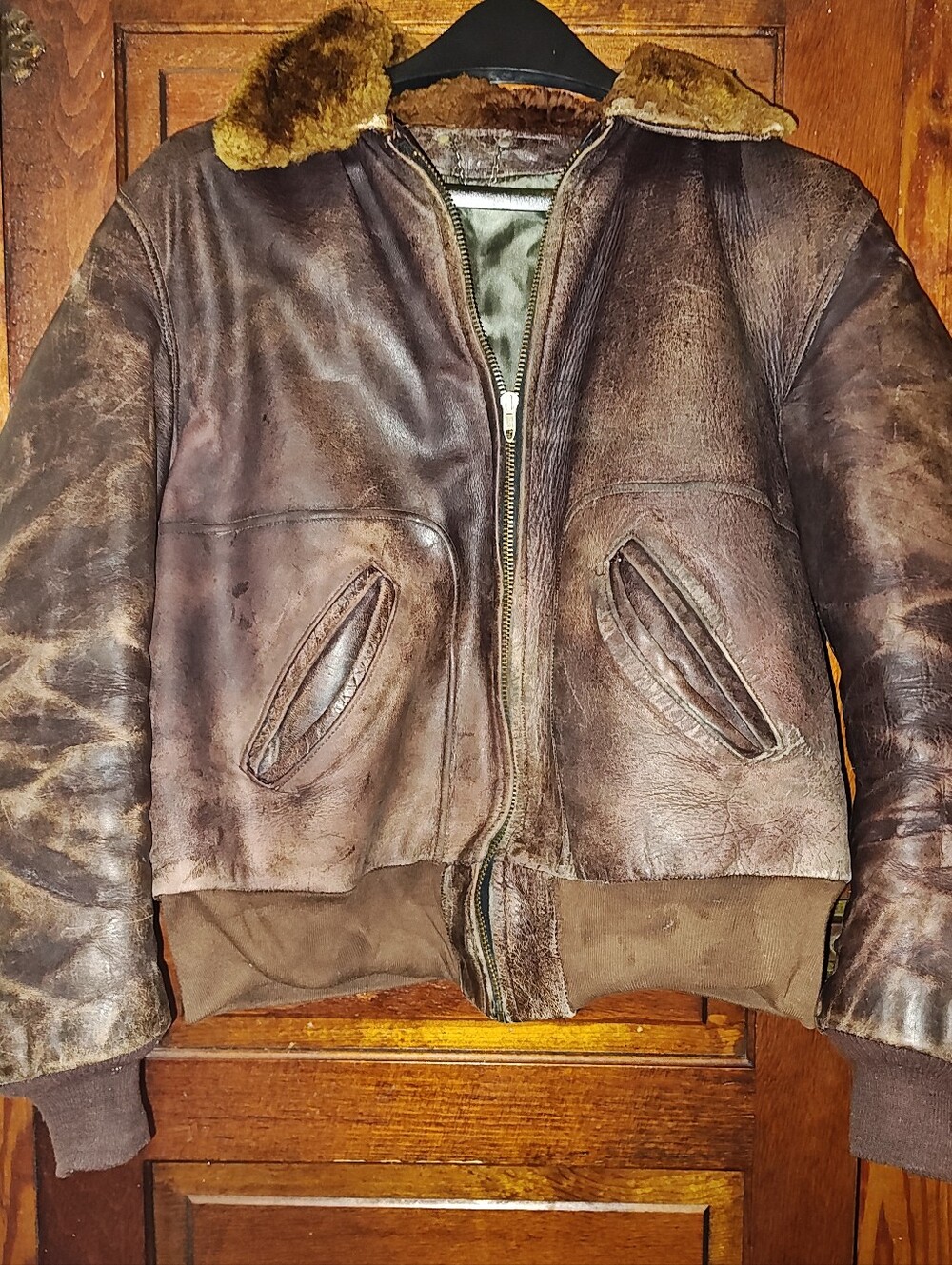 Distressed Brown Horsehide Leather Bomber Jacket with Sheep Fur Collar